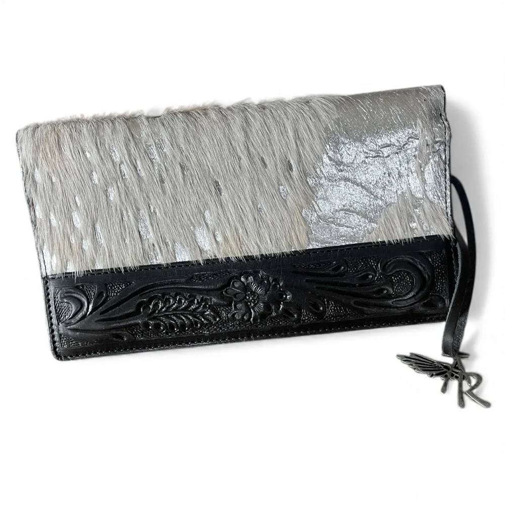Angel Ranch Women's Wallet Tooled Leather Foil Western Alice Black Clutch 7.5